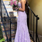 Elegant Strapless Tulle Lace Appliques Lilac Mermaid Evening Prom Dresses Y7873