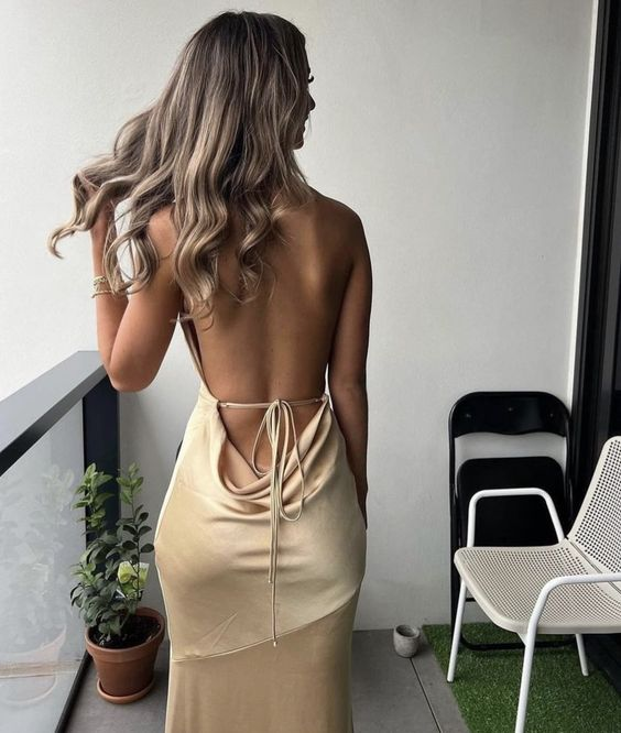Champagne Gold Halter Backless Mermaid Long Prom Dress  Y7427