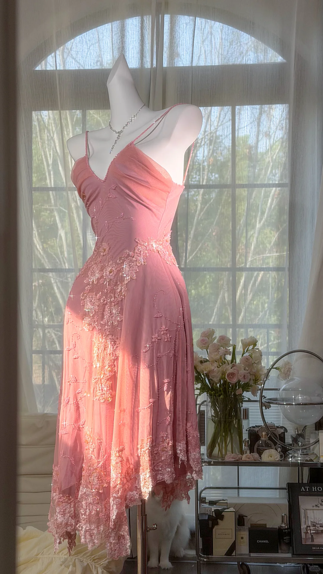 Charming Blush Pink V Neck Chiffon Beaded Sequin Long Birthday Dress Evening Dresses SP2183