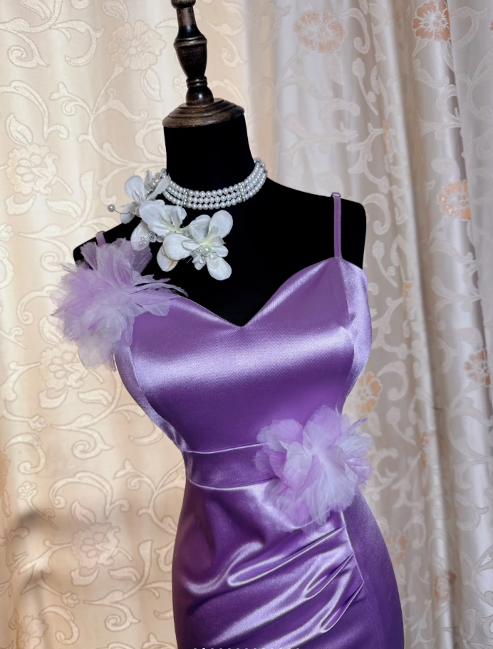 Classy Spaghetti Straps Purple Satin Appliques Mermaid Slit Party Dress Long Wedding Guest Dress SP1943