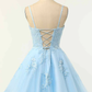 Light Blue A-line Spaghetti Straps Lace-Up Back Applique Mini Homecoming Dress ,Y2417