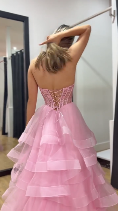 Pretty Sweetheart Tulle Layered Beaded Long Wedding Guest Dress,Pink Party Dress SP2678