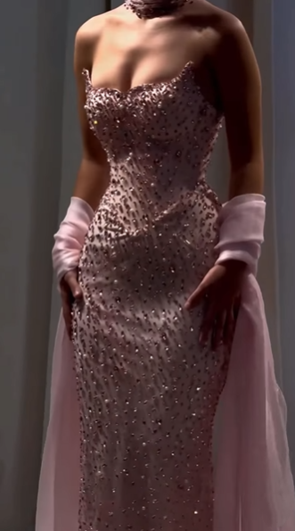 Gorgeous Pink Strapless Sequin Beaded Mermaid Party Dress Long Birthday Prom Dress SP773
