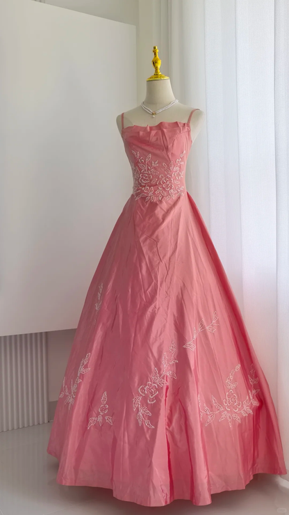 Glamorous Spaghetti Straps Pink Satin Beaded Long Party Dress Formal Wedding Guest Dress SP2325