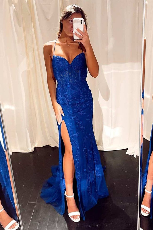 Royal Blue Lace Mermaid Long Prom Dress with Slit Y5728