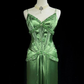 Chic Green Spaghetti Straps Satin Beaded Prom Dress Evening Dress Y8555