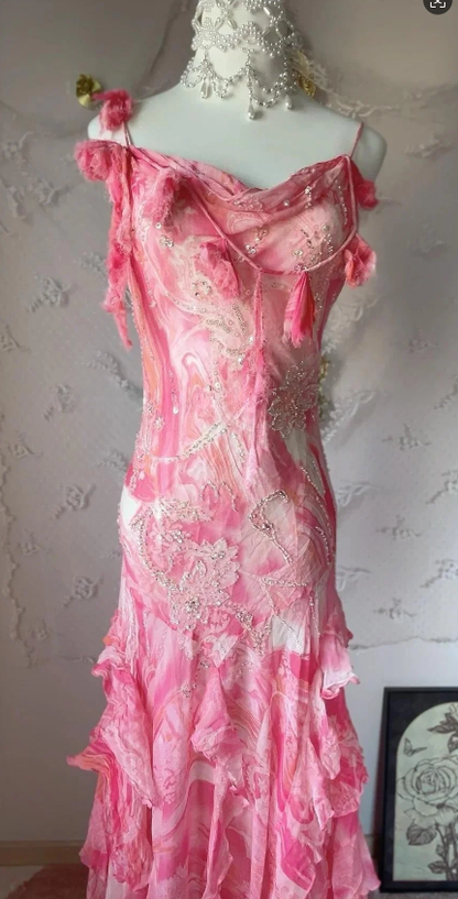 Pink Chiffon Sequin Beaded Ruffled Evening Dress,Long Spaghetti Straps Prom Dress Y8711