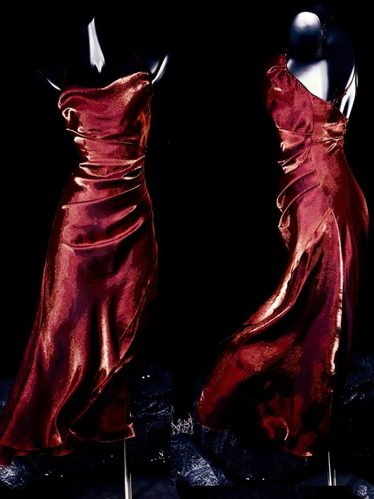 Simple Red Satin Asymmetrical Flounce Hem Party Dress Evening Dress Y8784