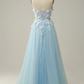 Women Sky Blue Spaghetti Straps A Line Tulle Long Prom Dress Y7032