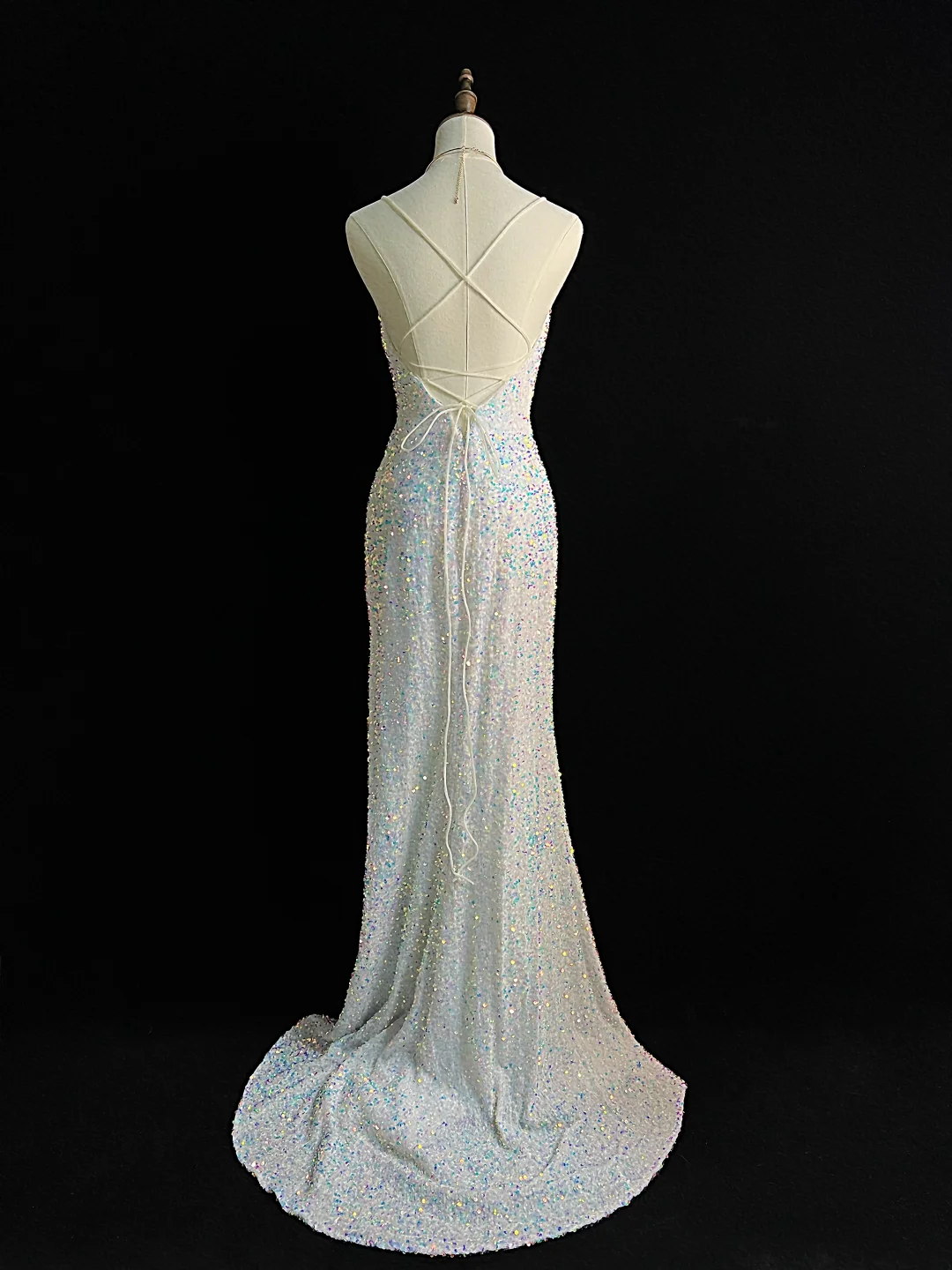 Sparkly White Spaghetti Straps Sequins Prom Dress,Mermaid Slit Tassel Evening Dress Y8648