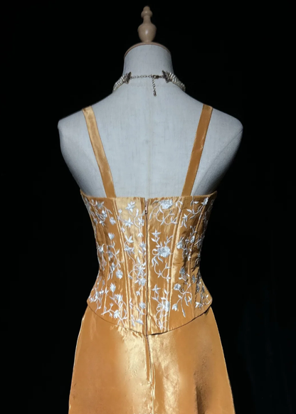 Pretty Spaghetti Straps Satin Embroidery A Line Long  Evening Dress 20th Birthday Outfits SP1966