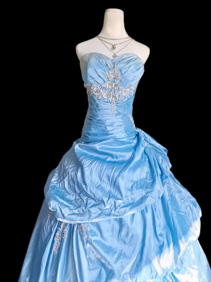 Elegant Blue Ball Gown Sweetheart Neck Satin Pleated Appliques Long Party Dress  Prom Gowns SP2323