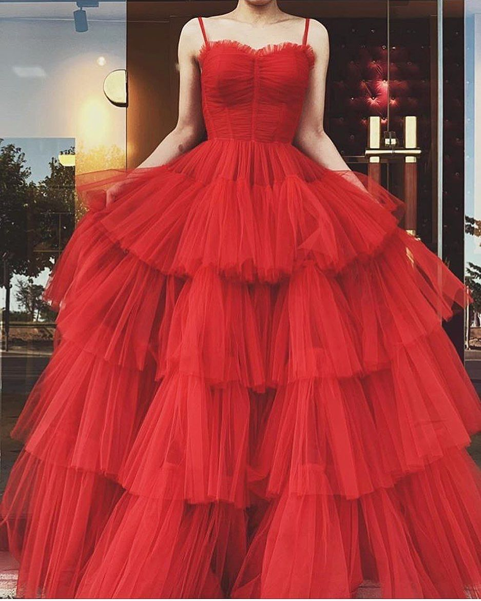 A-line Red Tulle Multi-layered Prom Dress,Red Formal Gown Y3064