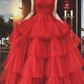A-line Red Tulle Multi-layered Prom Dress,Red Formal Gown Y3064