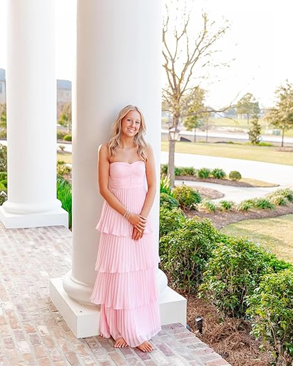 Green Strapless Ruffle Multi-Layer Long Prom Dress Y7373