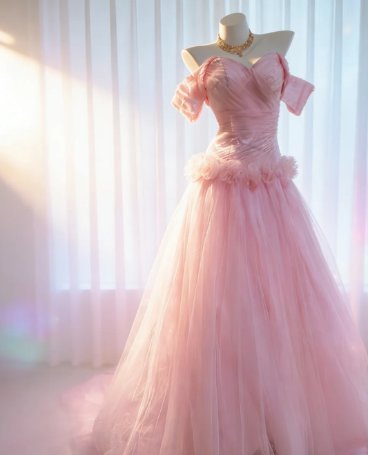 Elegant Off The Shoulder Pink Satin Tulle Long Birthday Party Dress Prom Dress SP1572