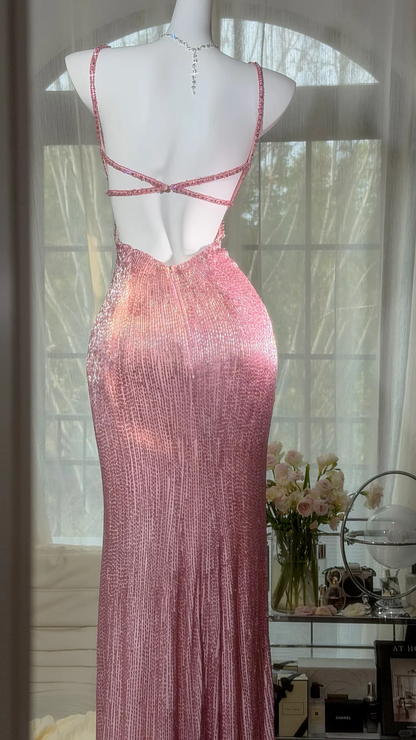 Elegant Spaghetti Straps Pink Butterfly Sequin Beaded Chiffon Slit Mermaid Long Prom Dress Backless Evening Gown SP2182