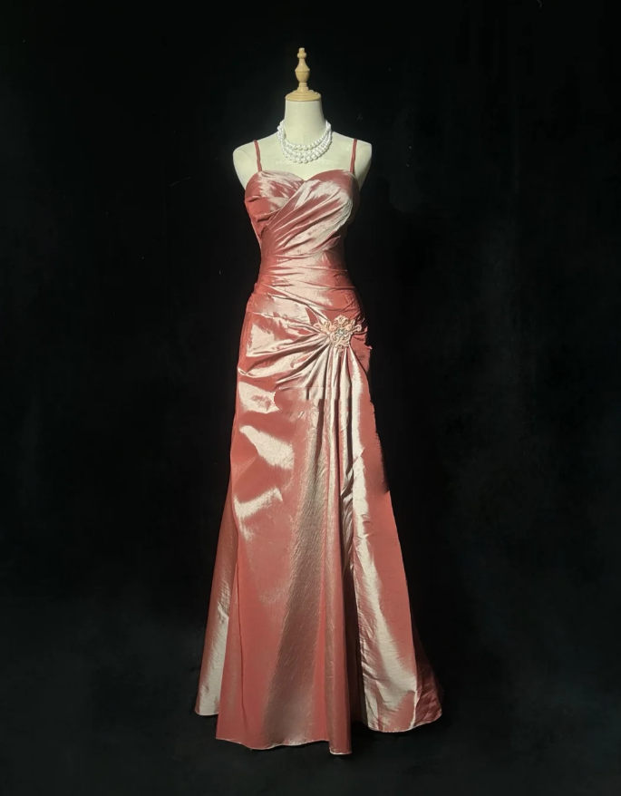 Pretty Spaghetti Straps Satin Pleated Beaded Mermaid Long Prom Dress Evening Gown SP1789