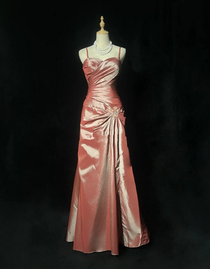 Pretty Spaghetti Straps Satin Pleated Beaded Mermaid Long Prom Dress Evening Gown SP1789