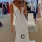 Sparkly Spaghetti Straps Mermaid White Sequin Prom Evening Dress Y8071