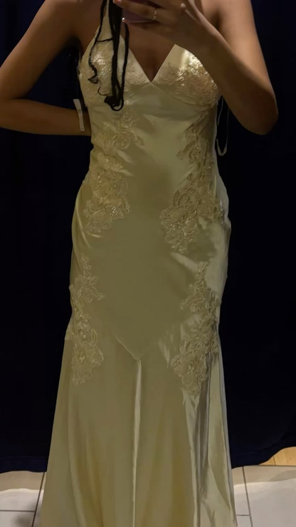 Pretty Yellow Satin Appliques Mermaid Long Prom Dress Party Gown SP3932