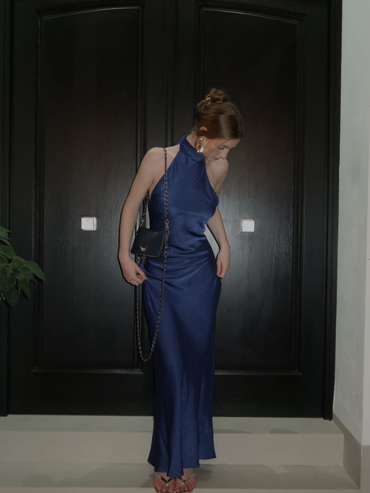Elegant Halter Blue Sleeveless Mermaid Long Wedding Guest Dress Bridesmaid Dress SP894
