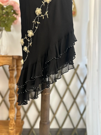 Elegant Spaghetti Straps Black Chiffon Beaded Appliques Sheath Long Party Dress Evening Gown Y9759