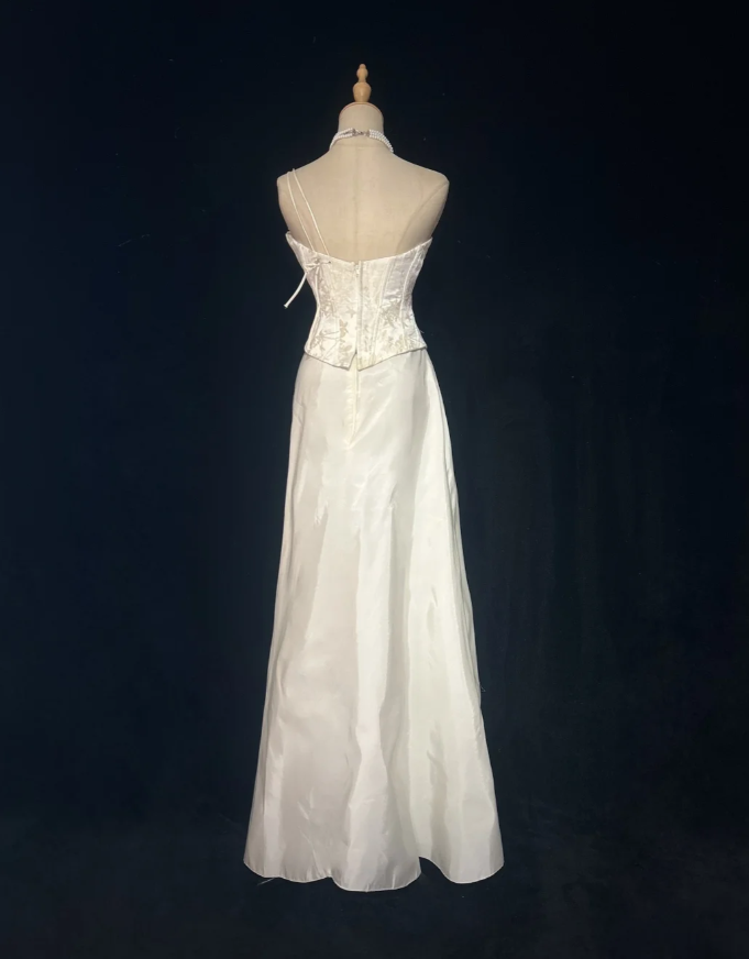 Classy Strapless Satin Print Floral A Line Long Wedding Guest Dress White Formal Evening Gowns SP1792