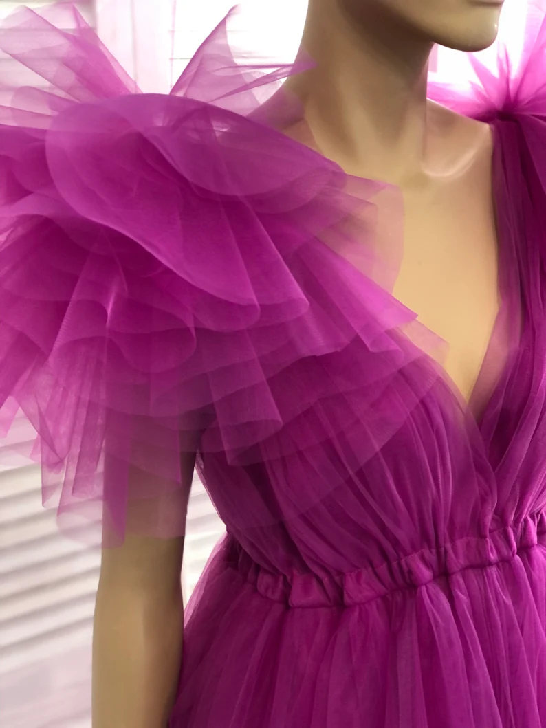 Fuchsia A-line V Neck Tulle Prom Dress  Y2759