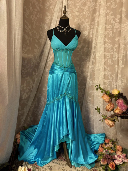 Elegant Blue Spaghetti Straps Satin Beaded Mermaid Long Evening Dress Formal Wedding Guest Dress SP1383