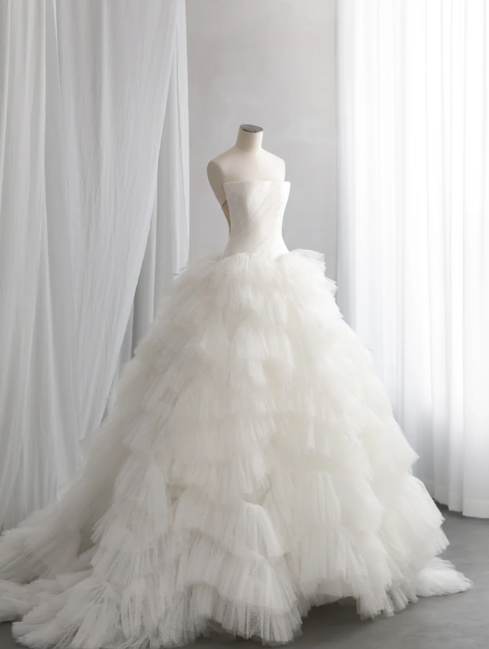 Pretty Off White Strapless Tulle Pleated Layered Long Wedding Dress Bridal Dress SP1522