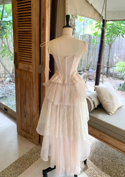 Pretty Spaghetti Straps Pink Tulle Lace Appliques Hi-Low Graduation Homecoming Dress Birthday Dress SP2360