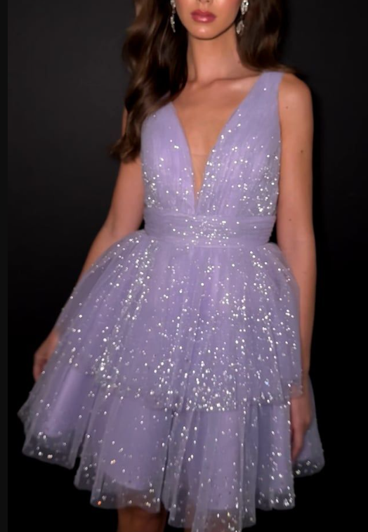 Glitter Deep V Purple Tulle Sequin A Line Short Graduation Homecoming Dress 19th Birthday Outfits Y9856