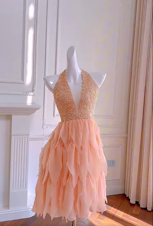 Gorgeous Halter Chiffon Pearls Beaded Homecoming Dress Orange Formal Birthday Outfits Y8981