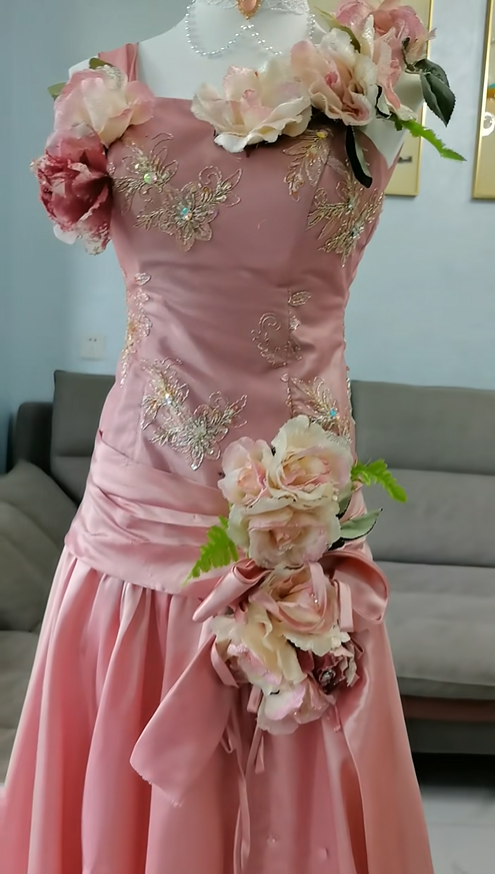 Beautiful Peach Pink Embroidered Floral Satin A Line Long Party Dress Birthday Dress With 3D Flowers SP2329