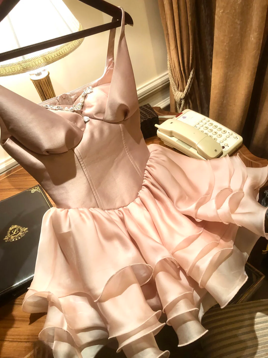 Elegant Spaghetti Straps Pink Satin Tulle Layered A Line Short 8th Grade Homecoming Dress Cocktail Dress SP2368