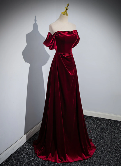 Wine Red Velvet Off Shoulder A-Line Long Party Dress, Wine Red Floor L Simplepromdress Wine Red Velvet Off Shoulder A-Line Long Party Dress, Wine Red Floor L Simplepromdress