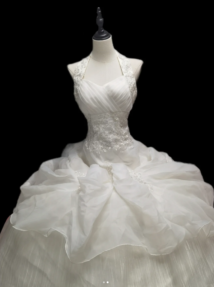 Charming Halter White Tulle Pleated Appliques Formal Wedding Dress SP591