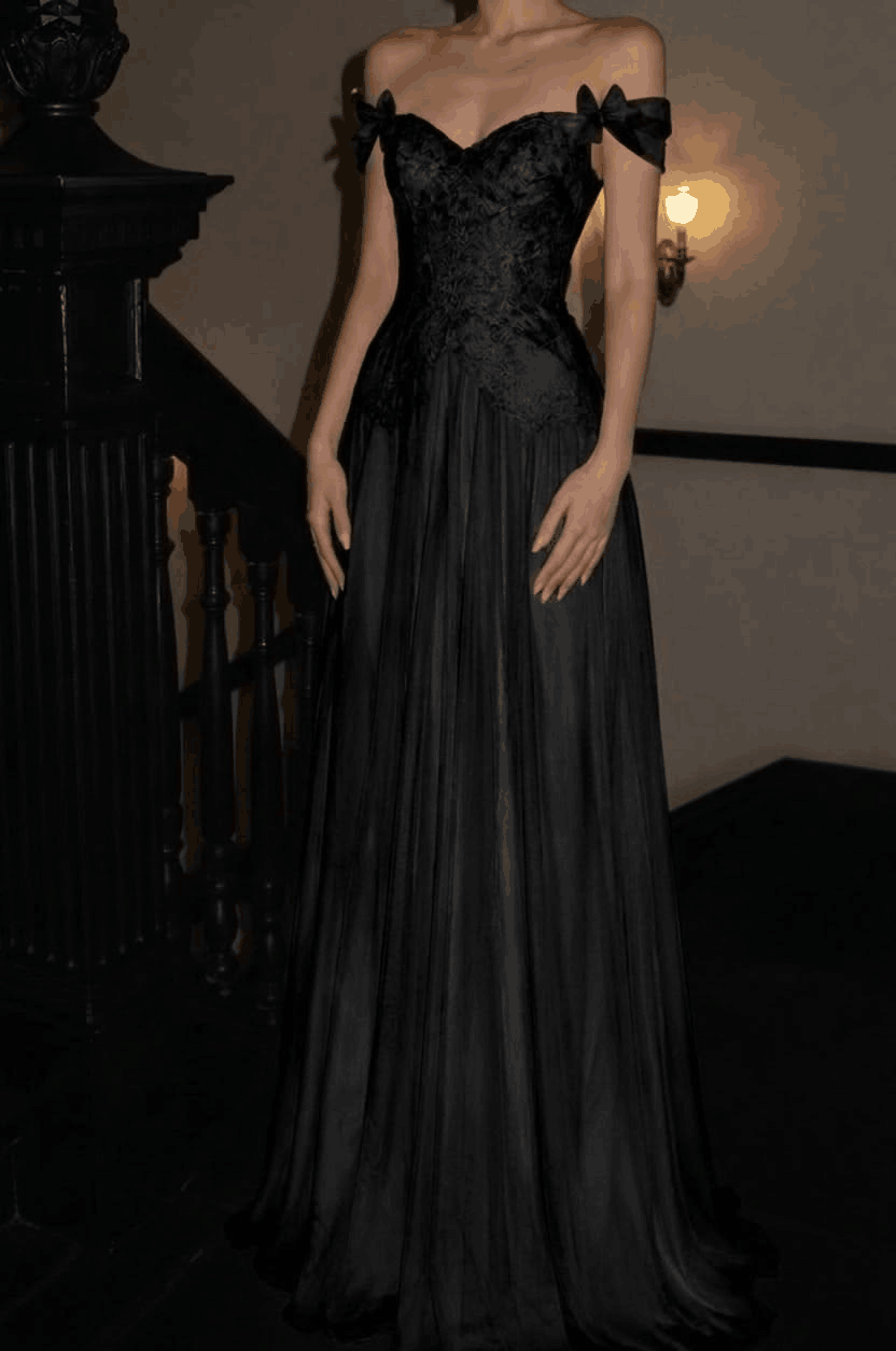 Stylish Black Satin Long Party Dress Off The Shoulder Long Wedding Guest Dress SP3950