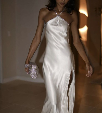 Trendy Sheath Halter Neck White Long Party Dress,Backless Slit Satin Beaded Long Evening Gown SP2489