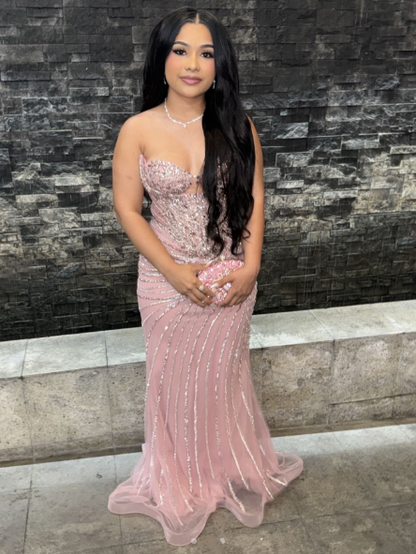 Elegant Sweetheart Neck Pink Tulle Beaded Mermaid Long Party Dress Prom Gown SP3417