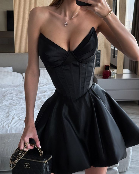 Sexy Black Satin Short Graduation Homecoming Dress,Strapless A Line Mini Cocktail Dress SP2805
