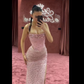 Charming Pink Mermaid Beaded Evening Gown Spaghetti Straps Slit Long Prom Party Dress Y7970