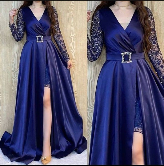 Elegant A-Line V Neck Long Sleeves Evening Dresses Y5786