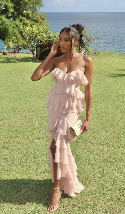 Trendy Pink Strapless Chiffon Ruffled Slit Mermaid Long Party Dress Birthday Prom Gowns SP1124