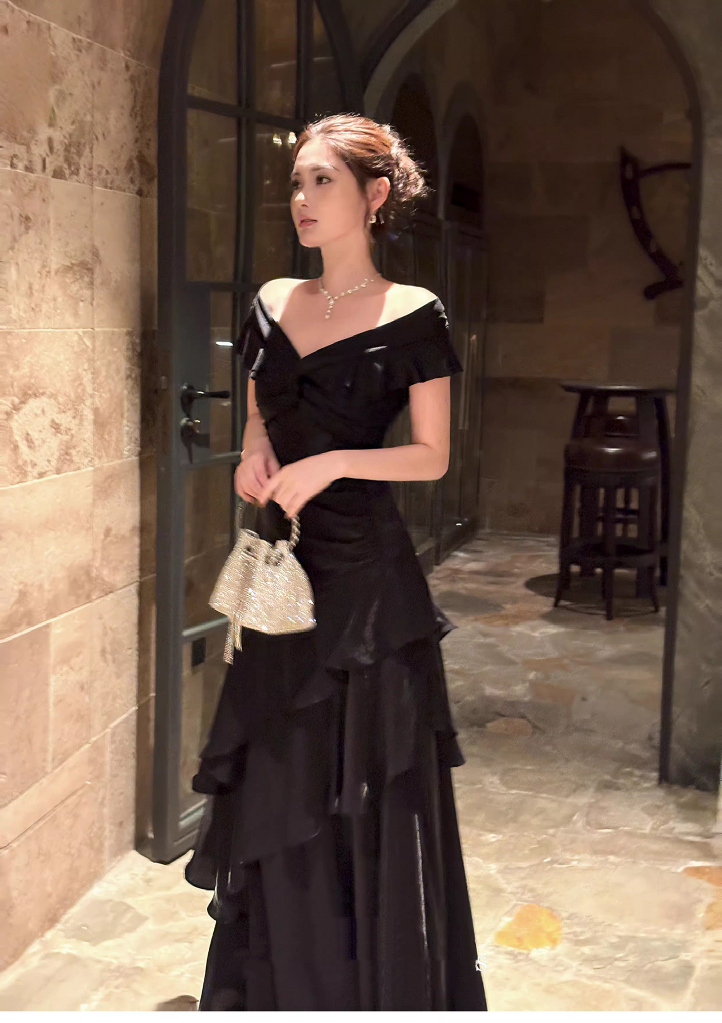 Gorgeous Off The Shoulder Satin Ruffles Layered Mermaid Long Party Dress Black Wedding Guest Dress SP1977