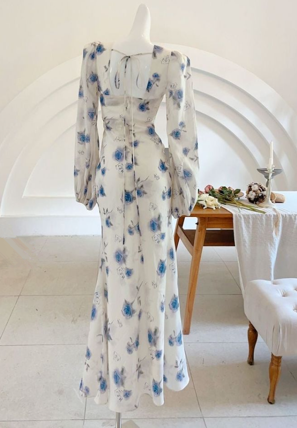 Elegant V Neck Print Floral Long Mermaid Prom Dress Evening Dress Y7738