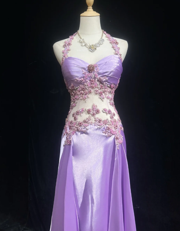 Pretty Halter Lavender Satin Beaded Mermaid Long Prom Dress Evening Dress SP1382