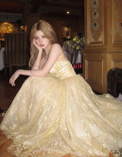 Shiny Sweetheart Neck Tulle Lace Long Birthday Party Dress Gold Long Prom Gown SP3882