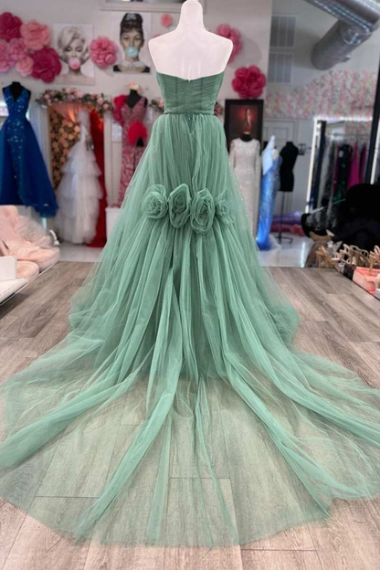 Green Strapless Floral Long Prom Dresses, Green Formal Dresses, Green Tulle Evening Dresses Y4640